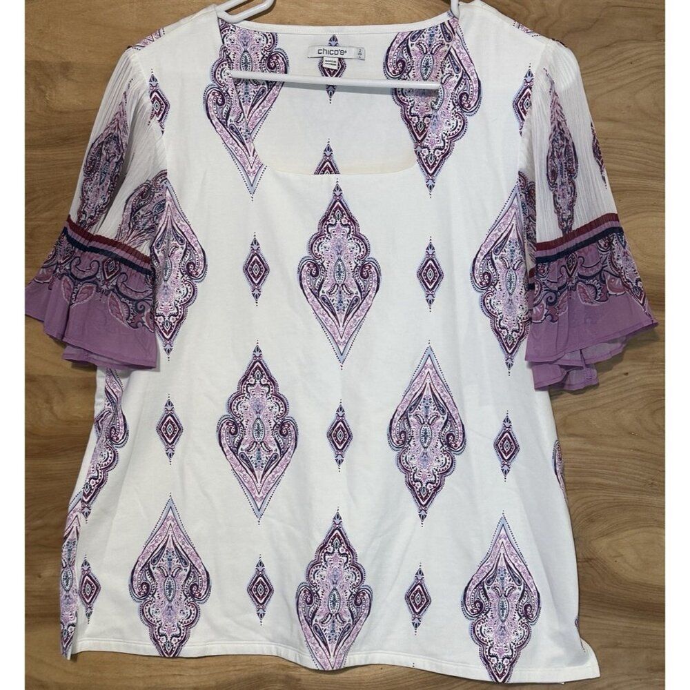 Chico's Knit Top Pleated Flutter Sleeve Tee White Size Large Square Neck